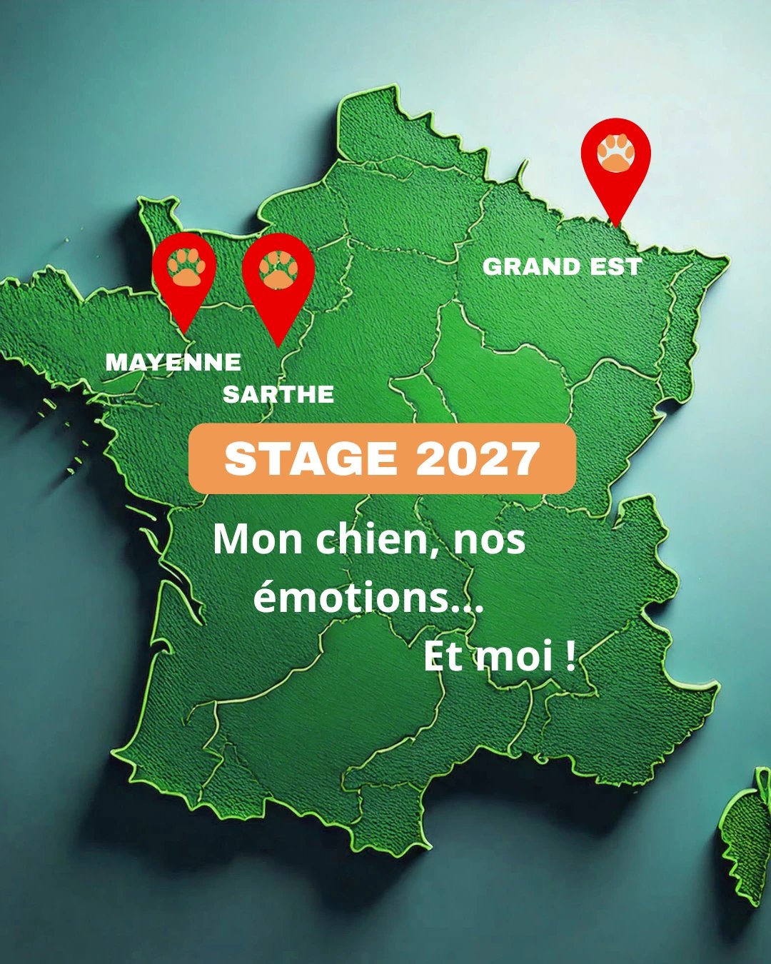 Carte des stages 2027 en Sud Sarthe, en Moselle et en Mayenne.